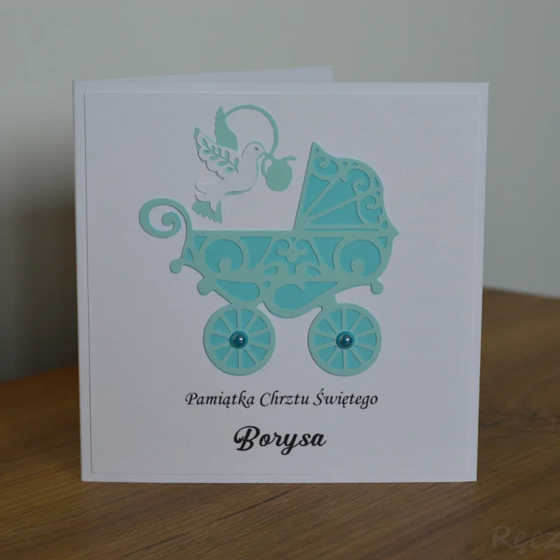 Pamiątka Chrztu Świętego z wózkiem i gołębiem personalizowana