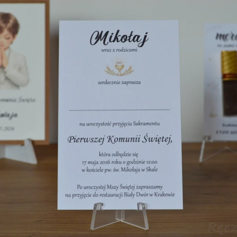 Tanie zaproszenie na pierwszą komunię świętą prosta kartka z personalizacją