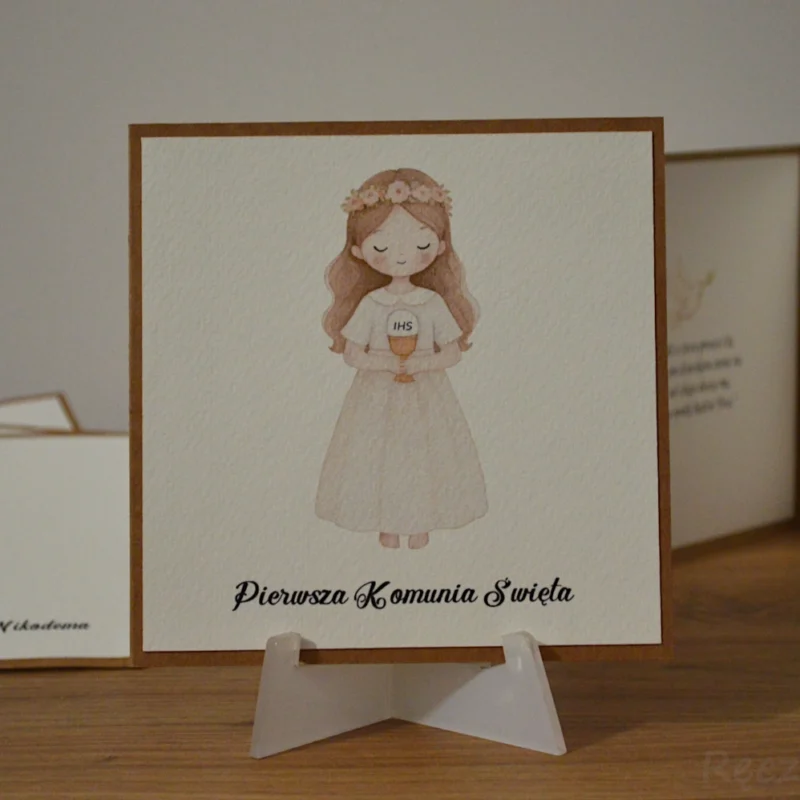 Zaproszenie na pierwszą komunię świętą dla dziewczynki z motywem kielicha IHS