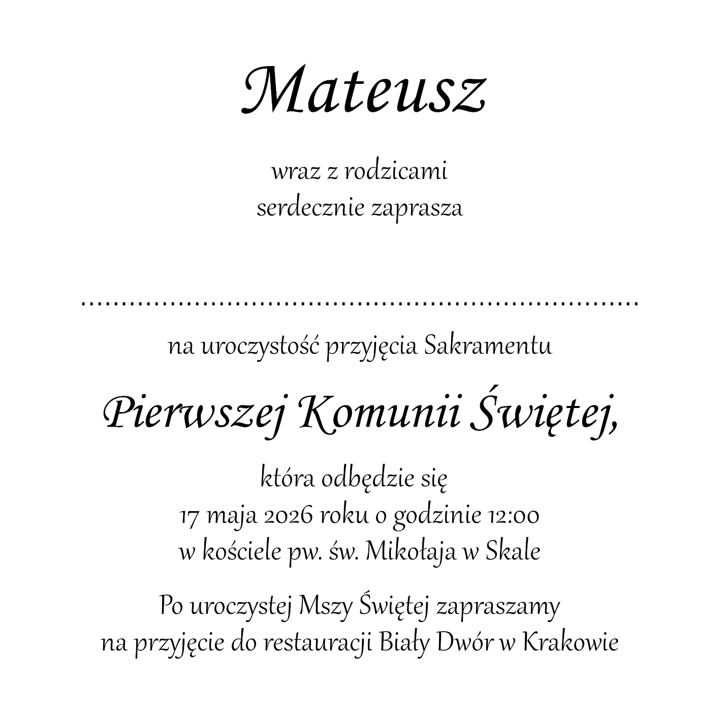 Wewnętrzna kartka zaproszenia na komunię – brak zdobień