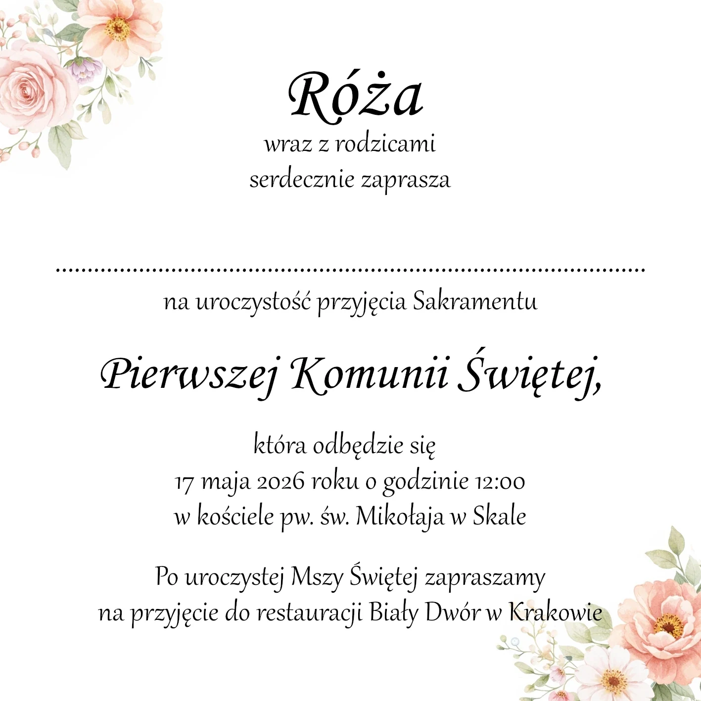 Kwiatki dekoracyjne do wewnętrznej kartki zaproszenia komunijnego
