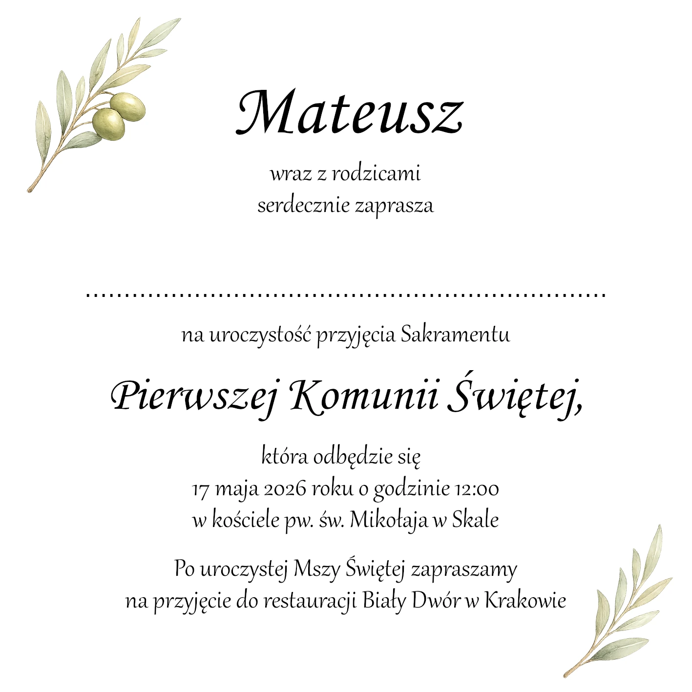 Gałązki dekoracyjne do wewnętrznej kartki zaproszenia komunijnego