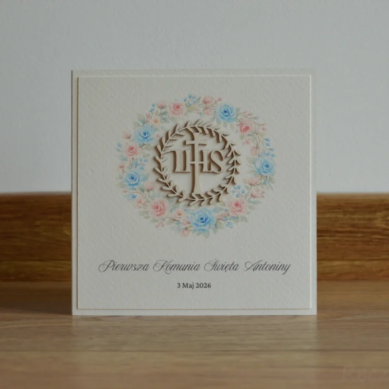 Pamiątka Komunia - IHS w wianku kwiatowym różowo / niebieskim