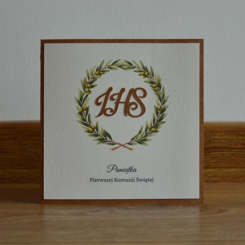 Pamiątka Komunia - Wianek oliwny z IHS
